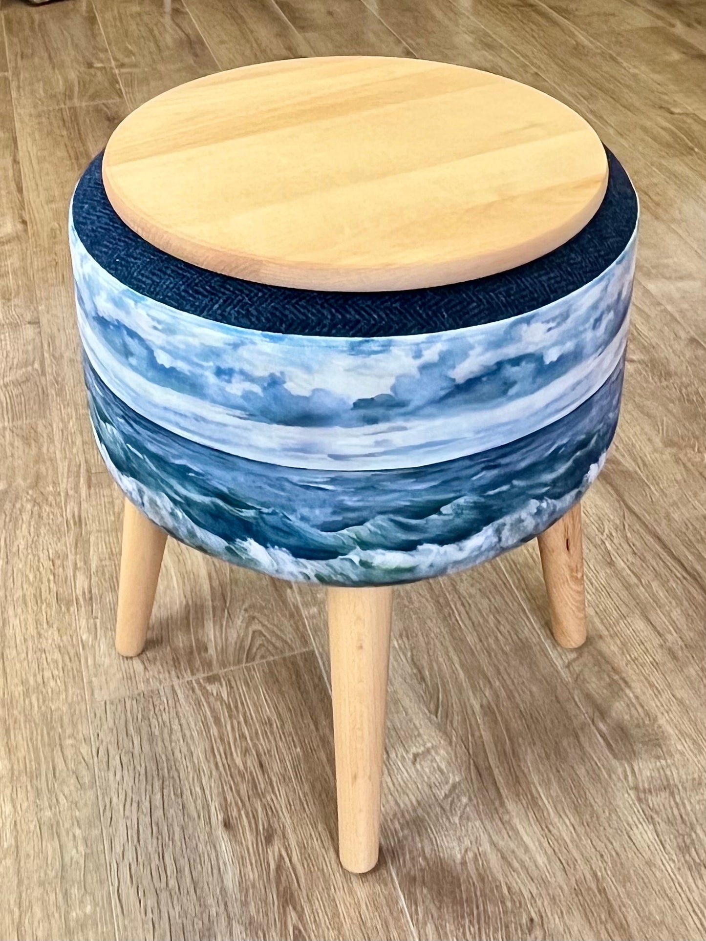Sheigra Sea Velvet and Navy Harris Tweed End Table with Light Wooden Legs and Top