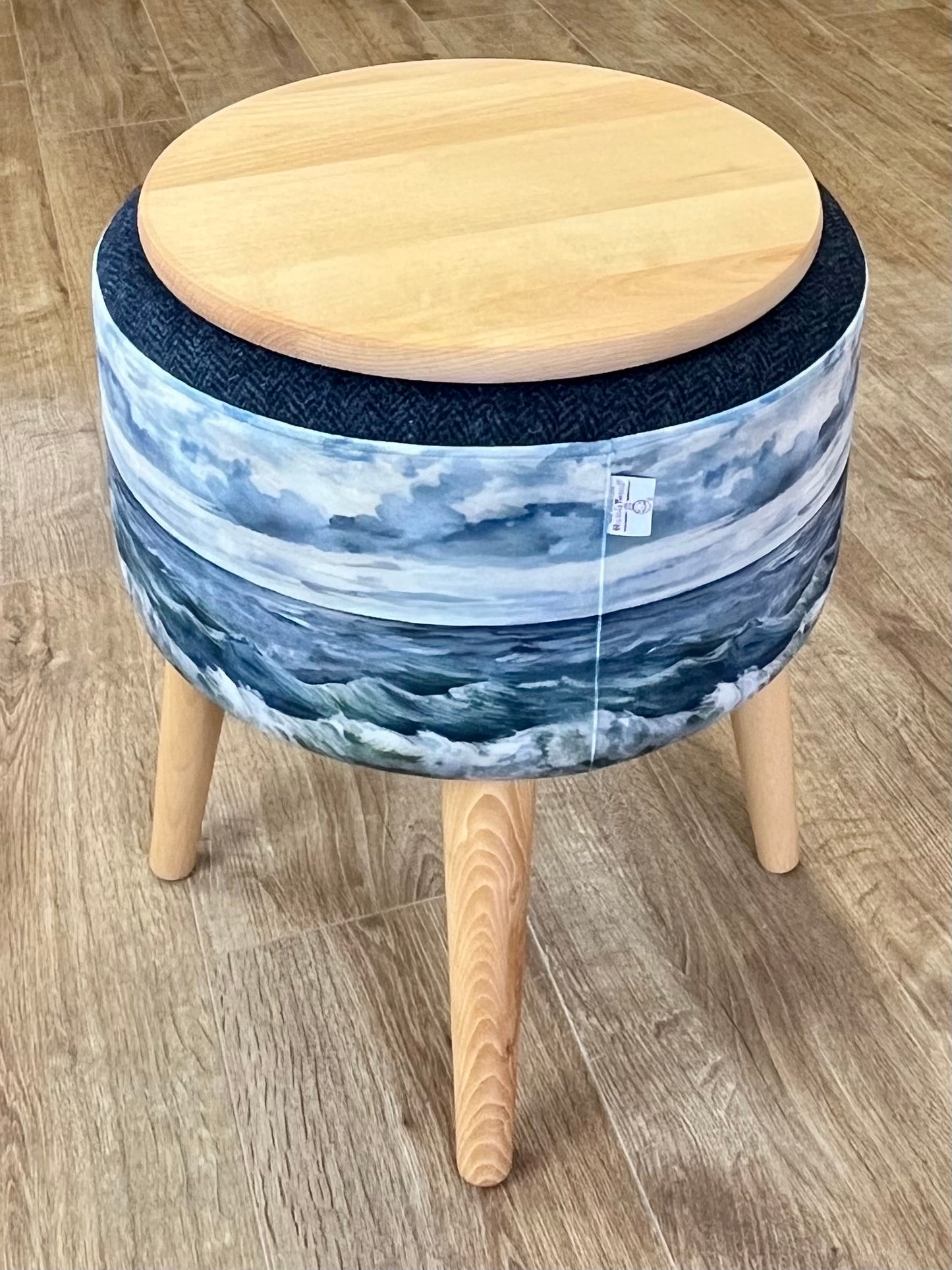 Sheigra Sea Velvet and Navy Harris Tweed End Table with Light Wooden Legs and Top