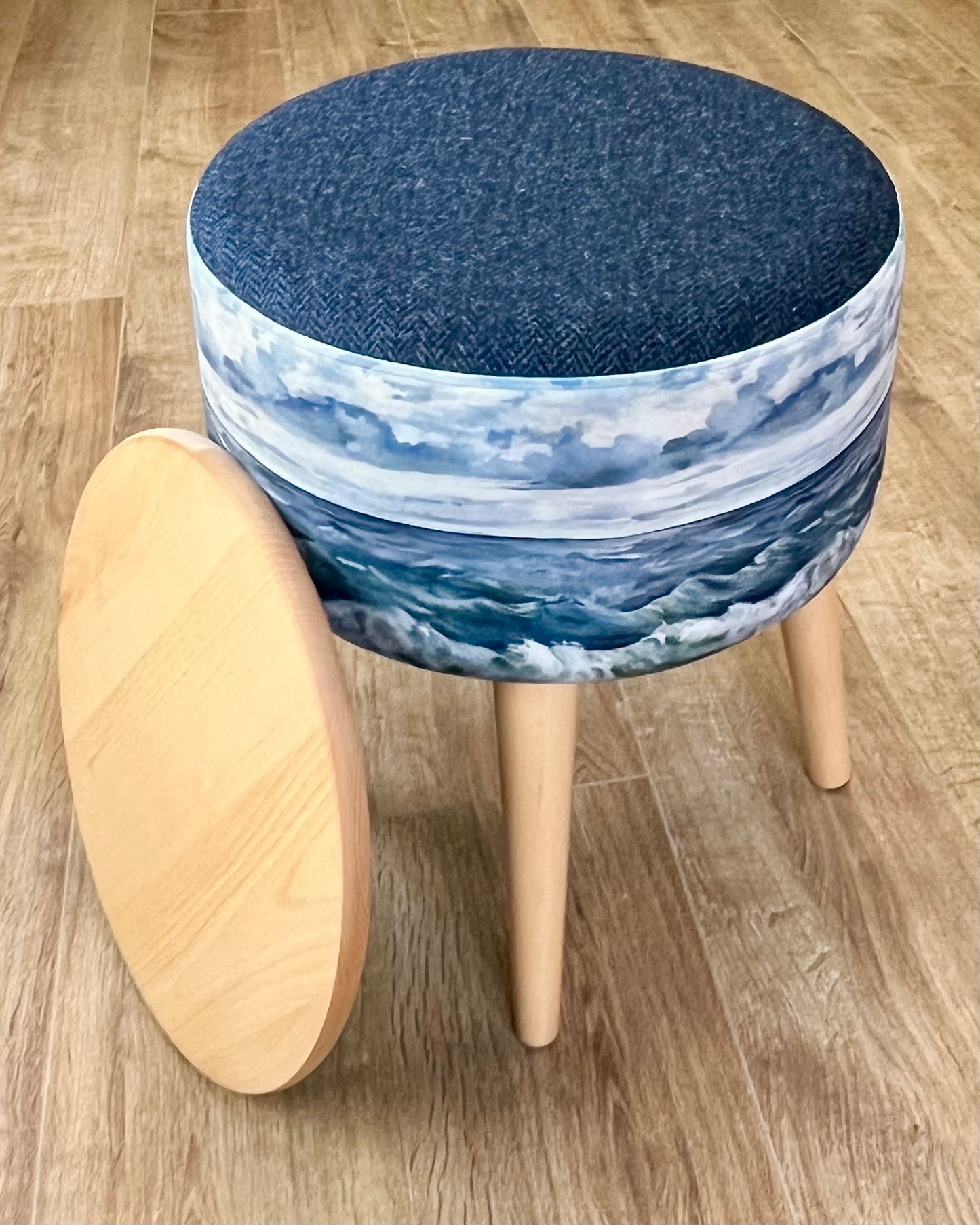 Sheigra Sea Velvet and Navy Harris Tweed End Table with Light Wooden Legs and Top