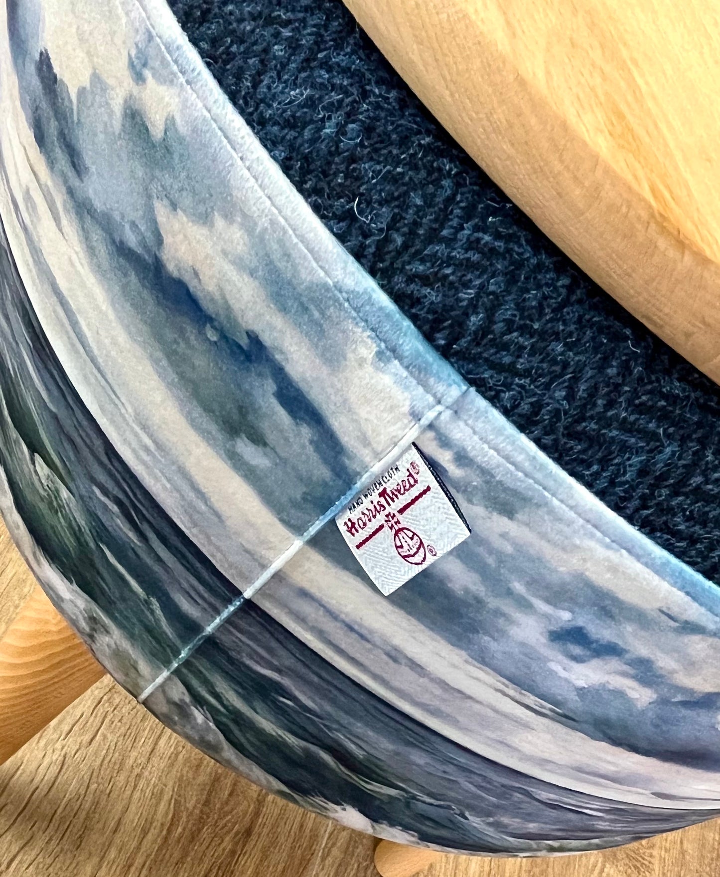 Sheigra Sea Velvet and Navy Harris Tweed End Table with Light Wooden Legs and Top