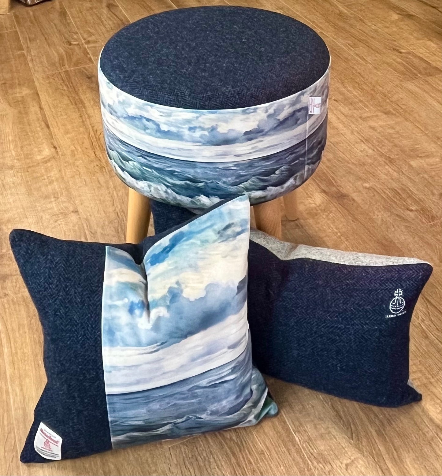 Sheigra Sea Velvet and Navy Harris Tweed End Table with Light Wooden Legs and Top