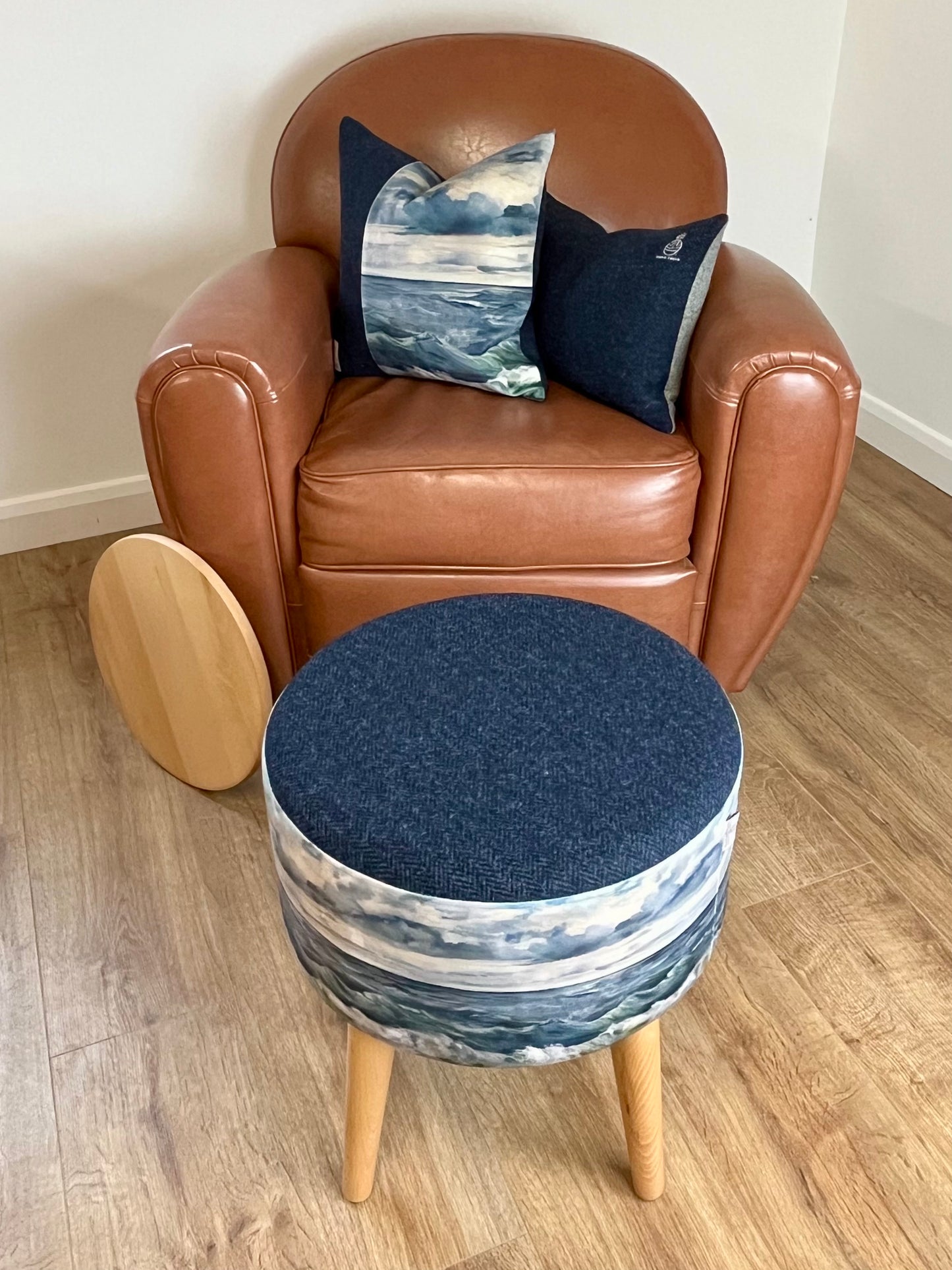 Sheigra Sea Velvet and Navy Harris Tweed End Table with Light Wooden Legs and Top