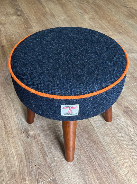 Navy Blue Harris Tweed Footstool with Orange Piping and Dark Varnished Wooden Legs
