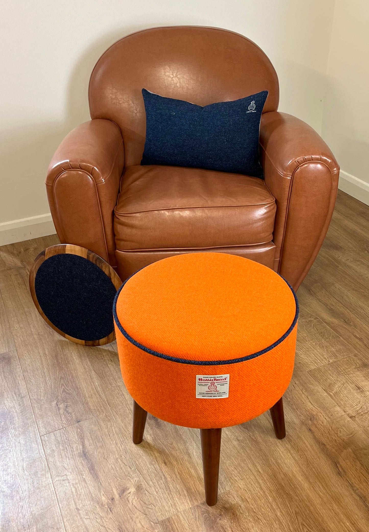Orange Harris Tweed End Table with Navy Piping and Removable Wooden Top
