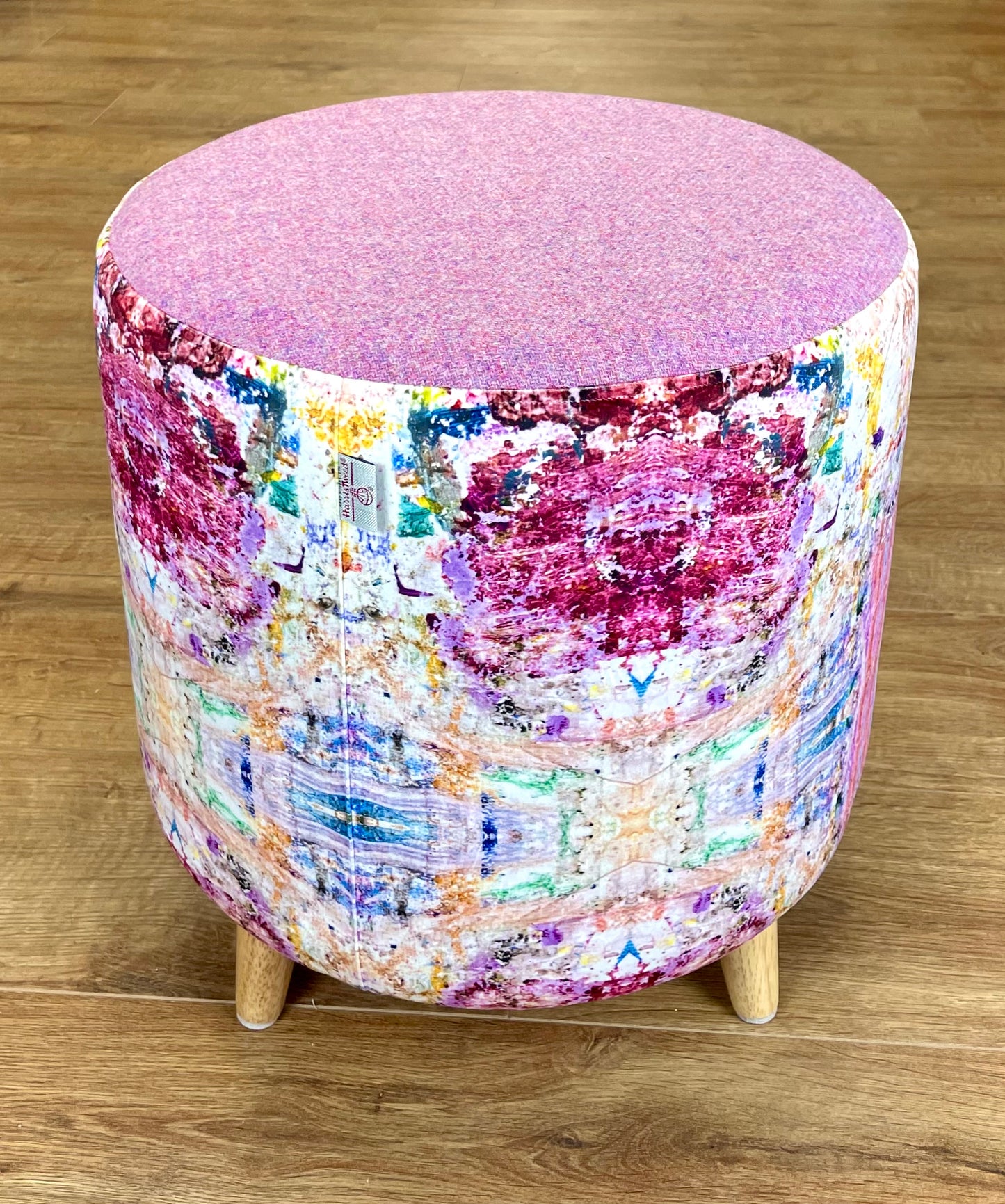 Paint Spray Velvet Chunky Footstool with Pink Harris Tweed