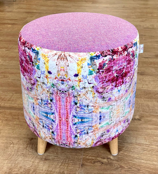 Paint Spray Velvet Chunky Footstool with Pink Harris Tweed