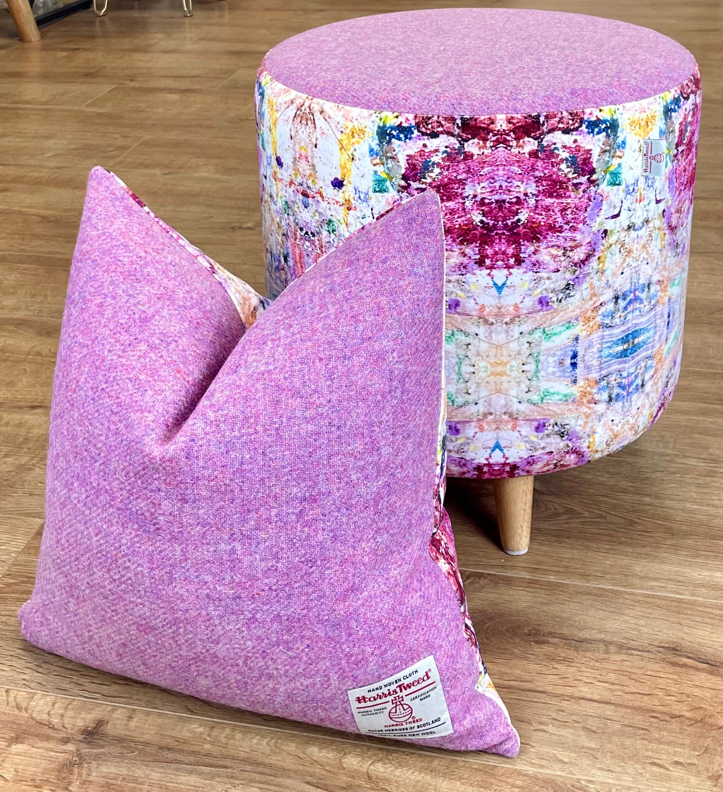 Paint Spray Velvet and Pink Harris Tweed Cushion 18”