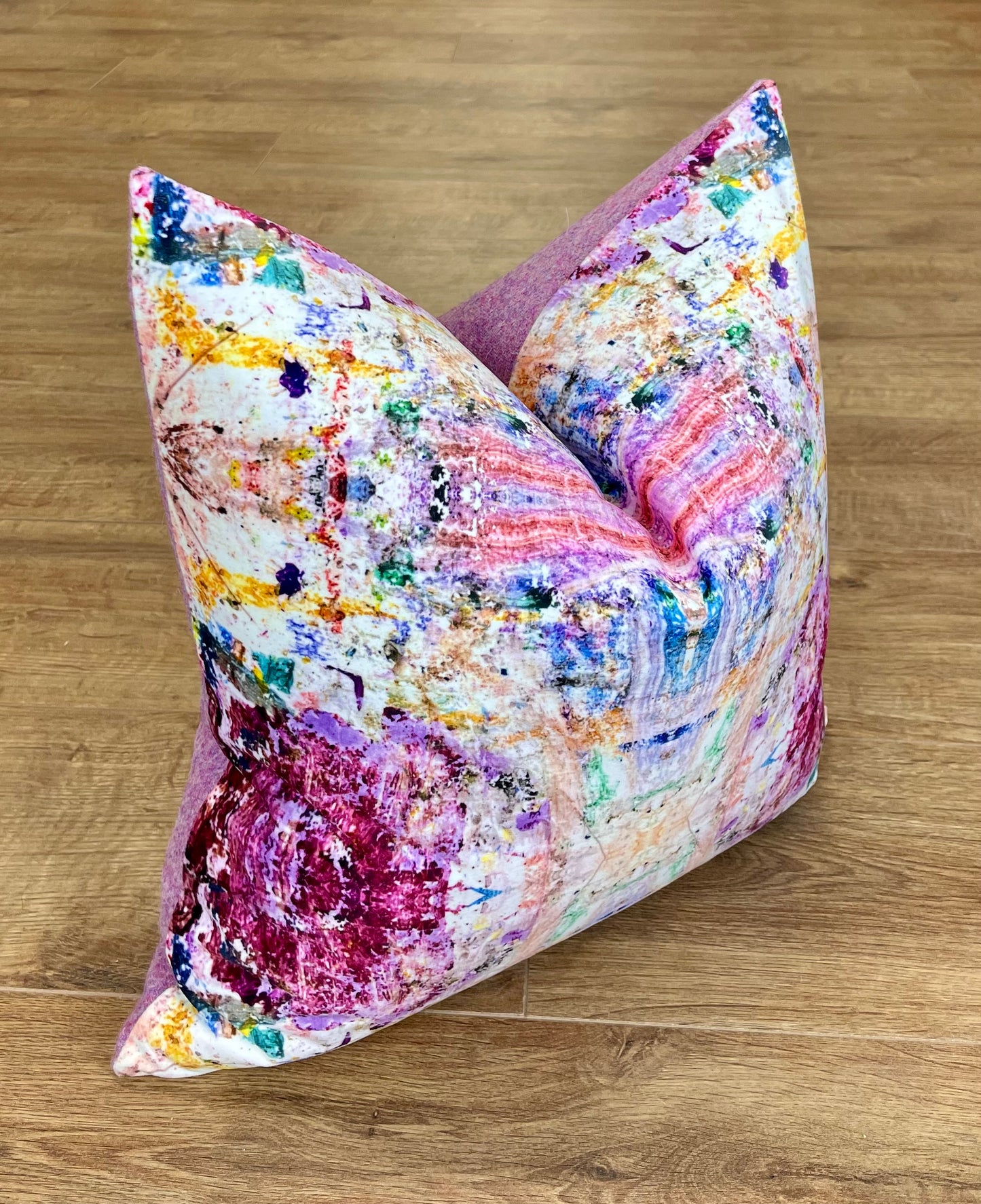 Paint Spray Velvet and Pink Harris Tweed Cushion 18”