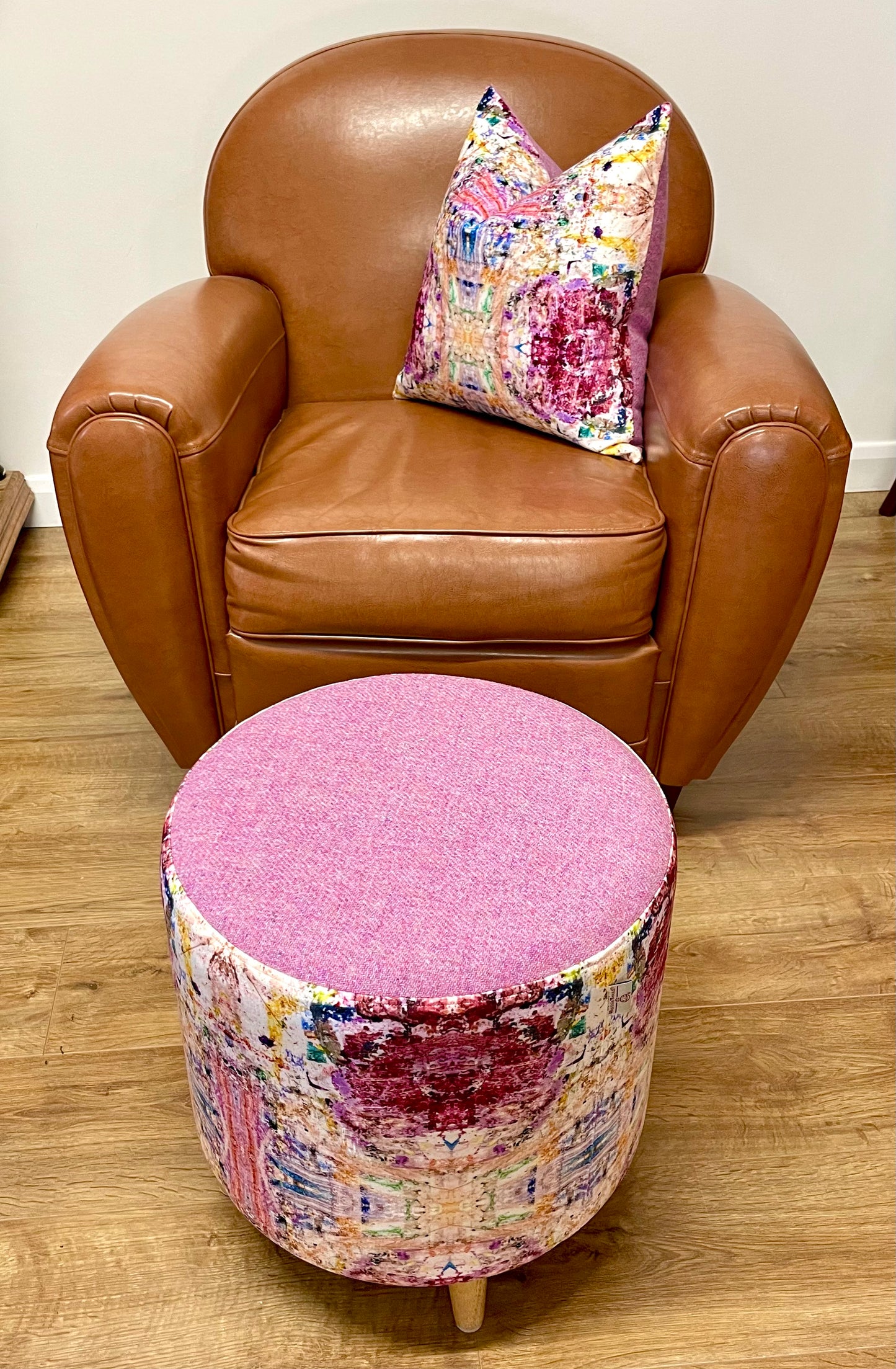 Paint Spray Velvet Chunky Footstool with Pink Harris Tweed