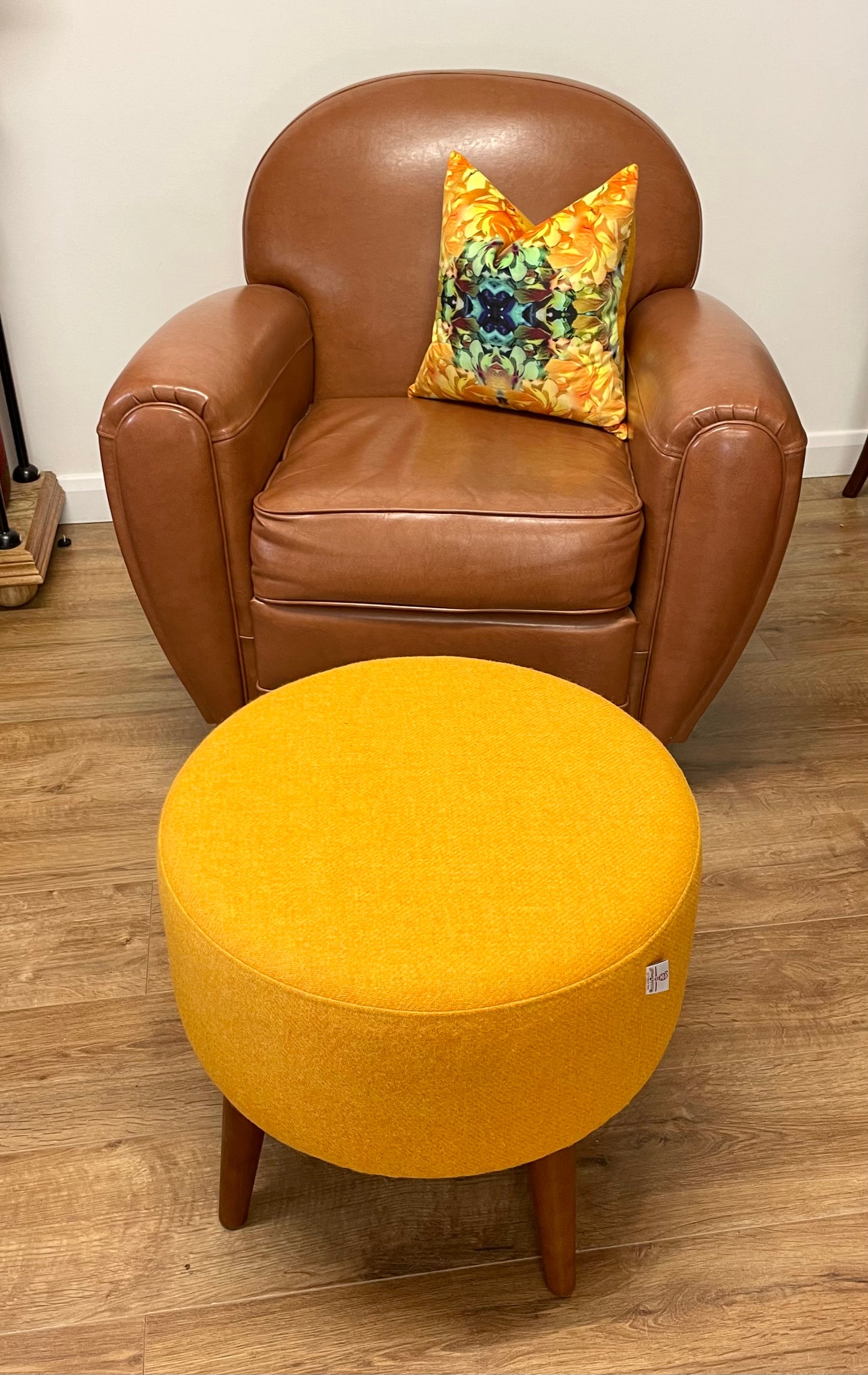 Large Yellow Harris Tweed Footstool with Dark Varnished Wooden Legs