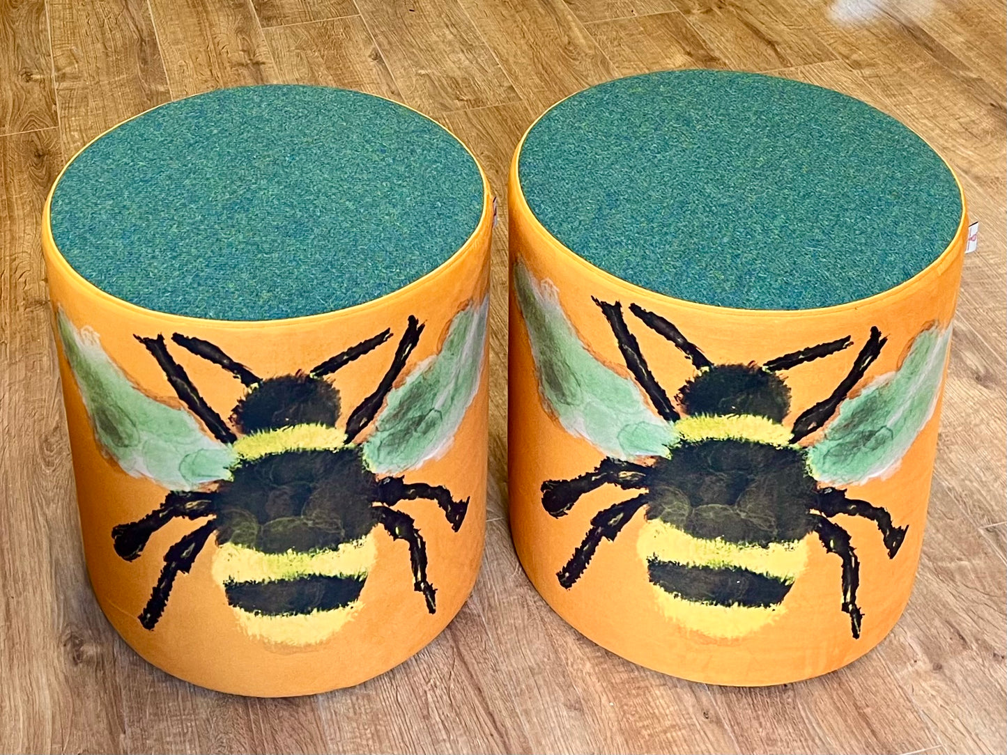 Bumble Bee Velvet and Green Harris Tweed Large Chunky Stool