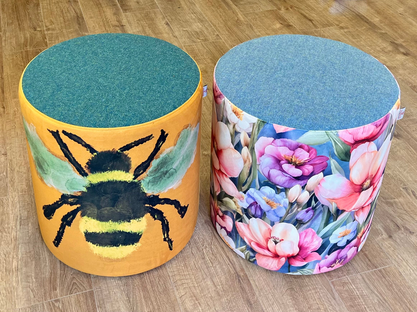 Flower Garden and Light Blue Harris Tweed Large Chunky Stool
