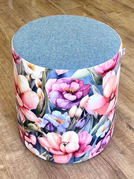 Flower Garden and Light Blue Harris Tweed Large Chunky Stool