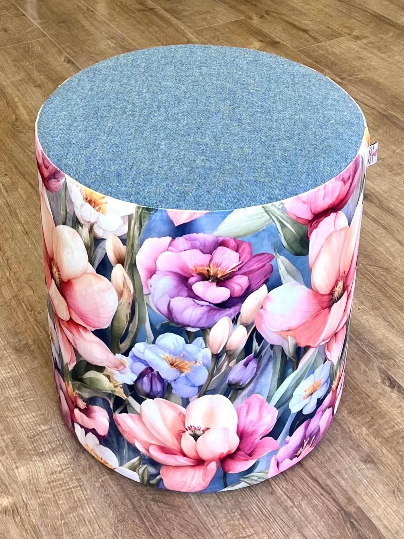 Flower Garden Velvet and Light Blue Harris Tweed Large Chunky Stool