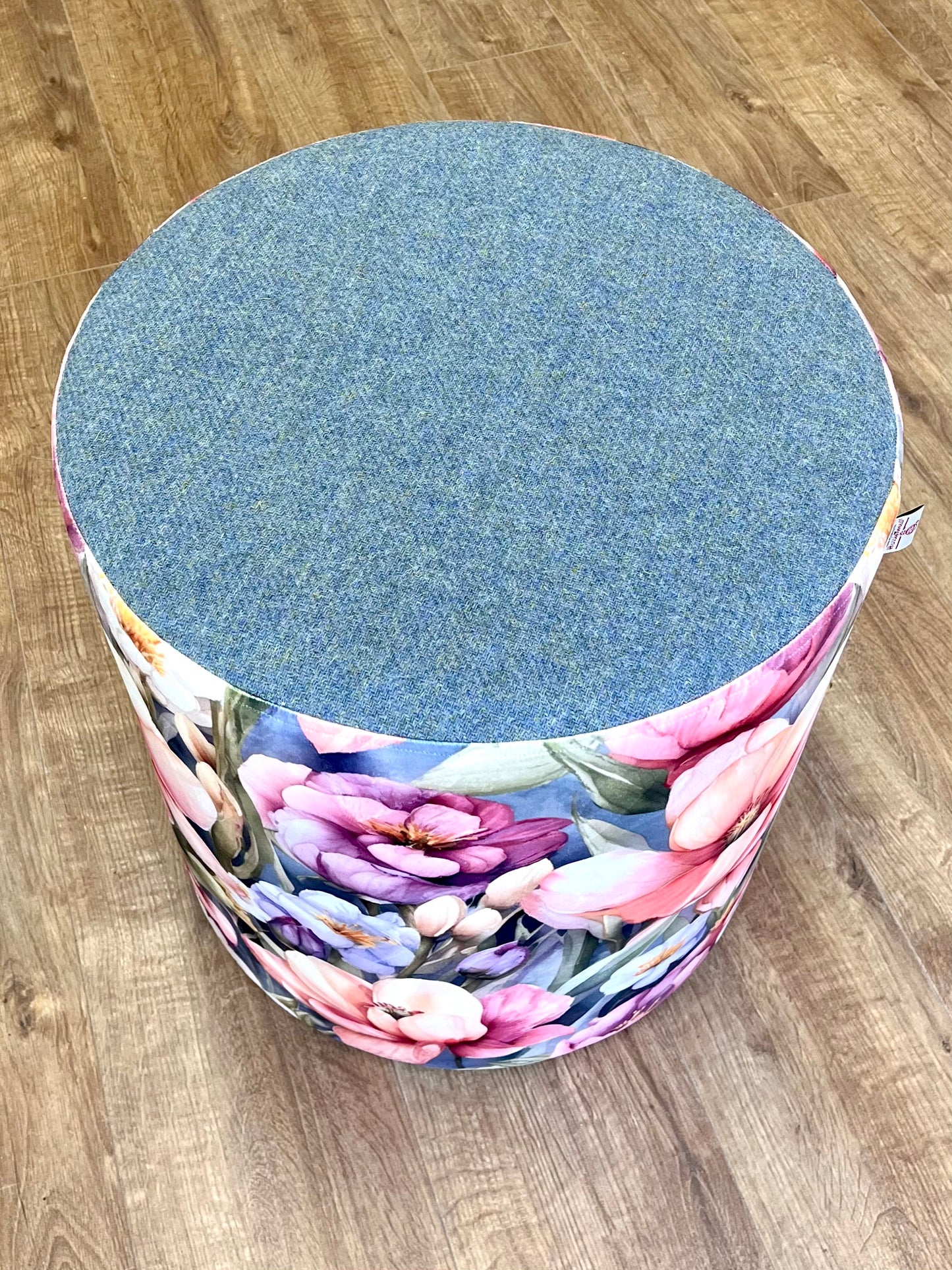 Flower Garden and Light Blue Harris Tweed Large Chunky Stool