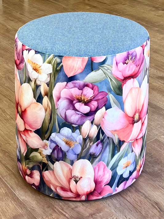 Flower Garden Velvet and Light Blue Harris Tweed Large Chunky Stool