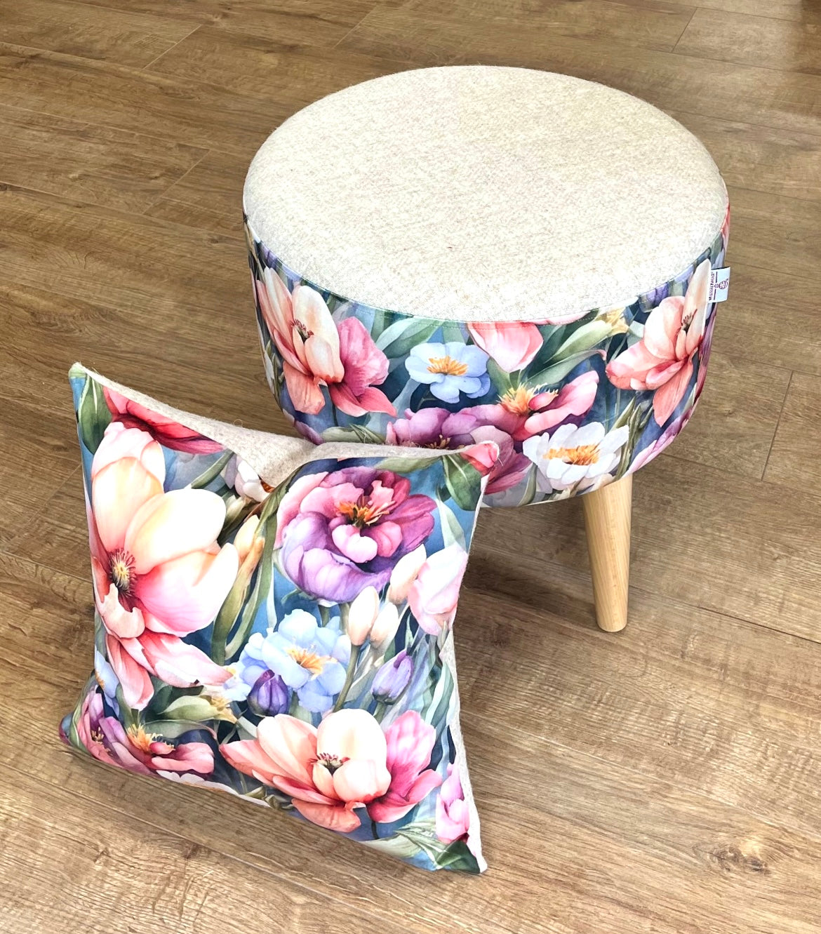 Flower Garden Velvet and Light Blue Harris Tweed Large Chunky Stool