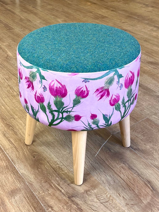Butterfly Thistles on Pink Velvet Footstool with Green Harris Tweed