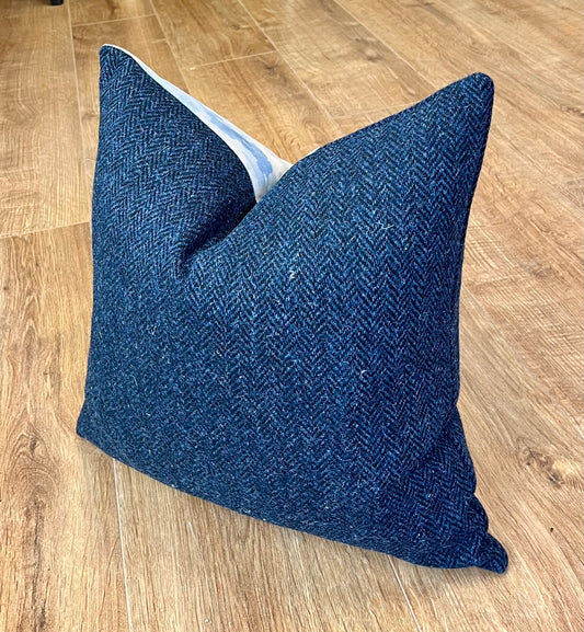 Sheigra Sea Velvet and Blue Harris Tweed Cushion 16”