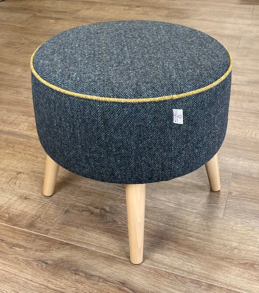 Large Charcoal Harris Tweed Footstool with Mustard Piping Detail