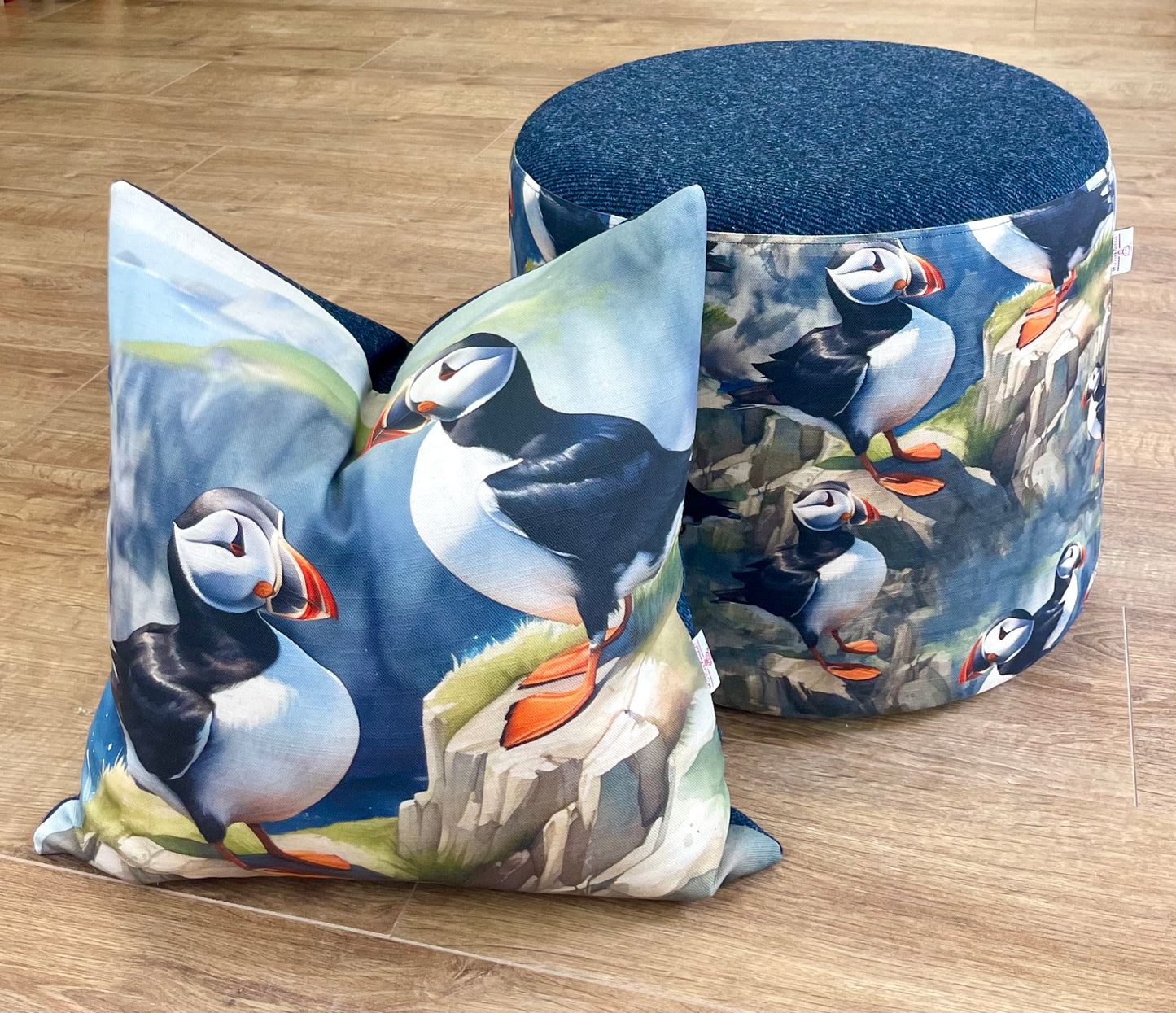 Puffin and Navy Blue Harris Tweed Floating Footstool