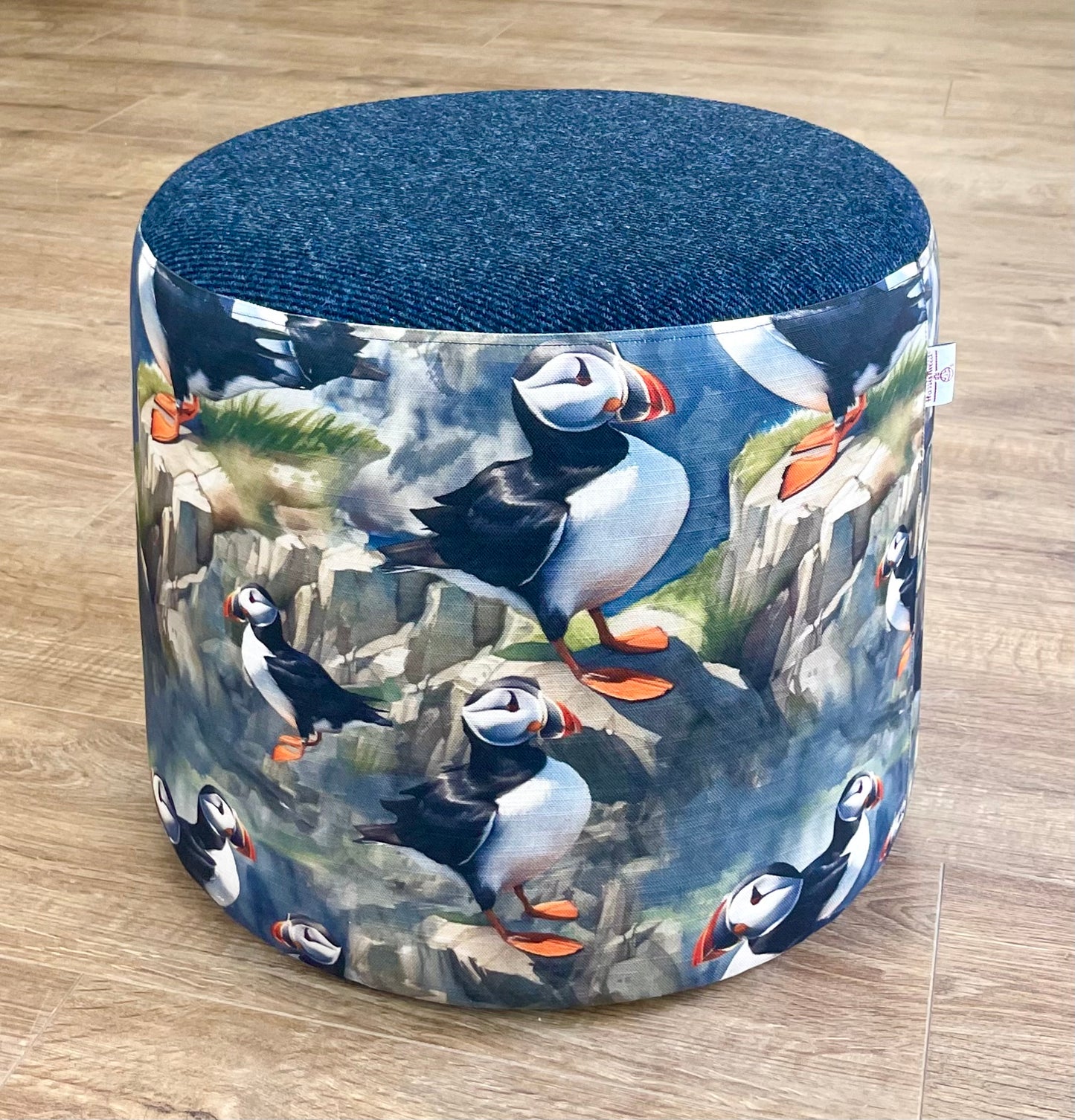 Puffin and Navy Blue Harris Tweed Floating Footstool