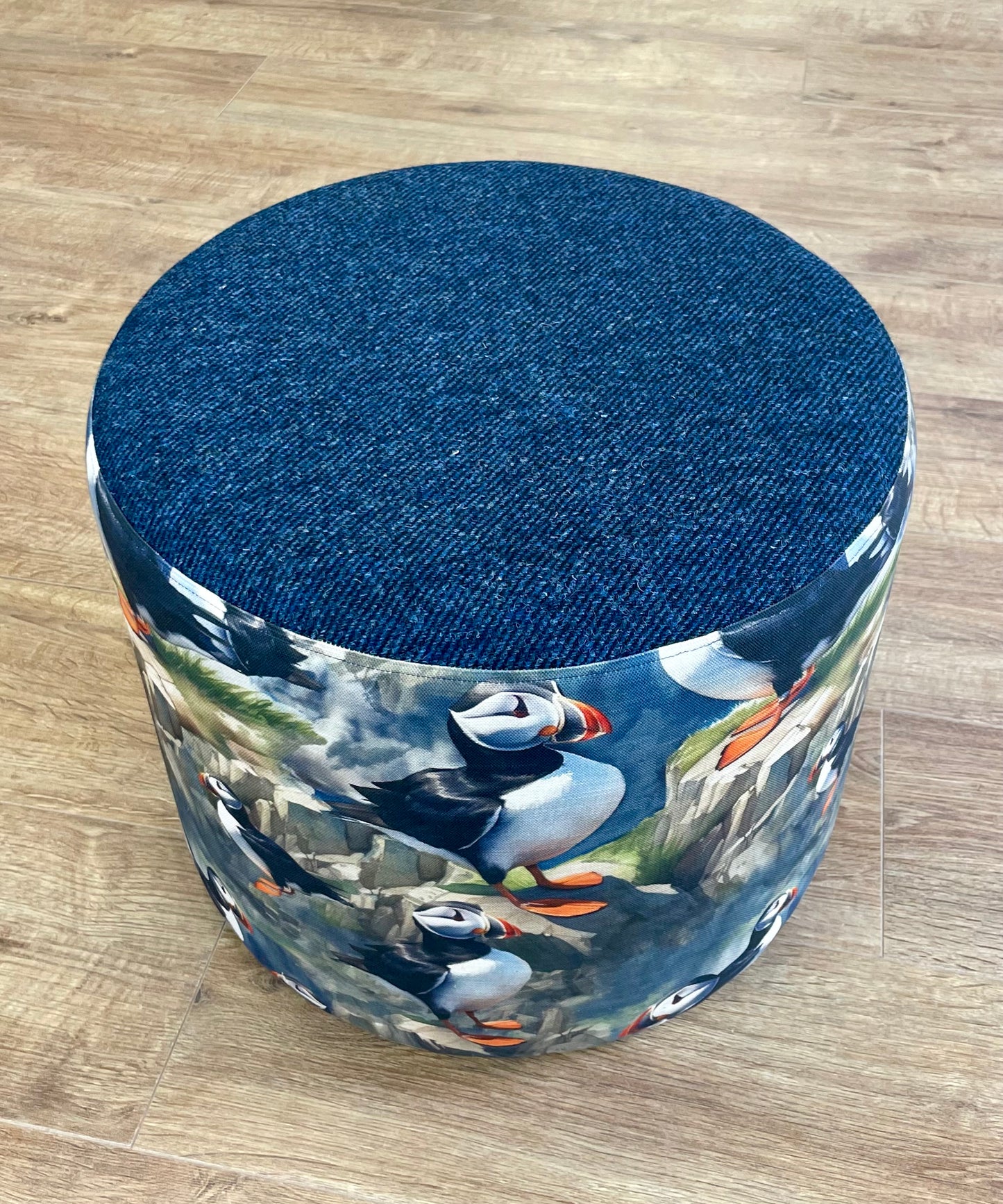 Puffin and Navy Blue Harris Tweed Floating Footstool