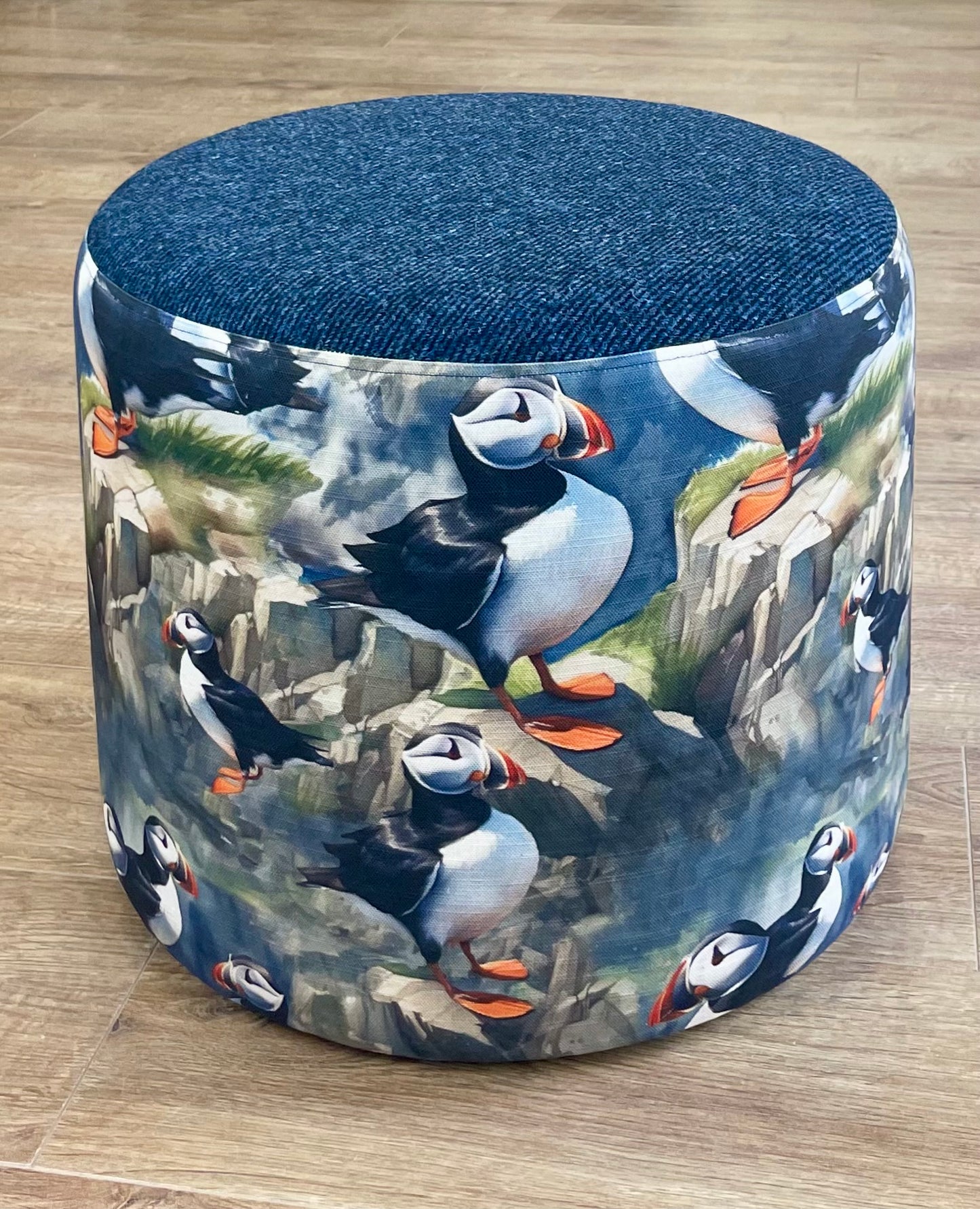 Puffin and Navy Blue Harris Tweed Floating Footstool