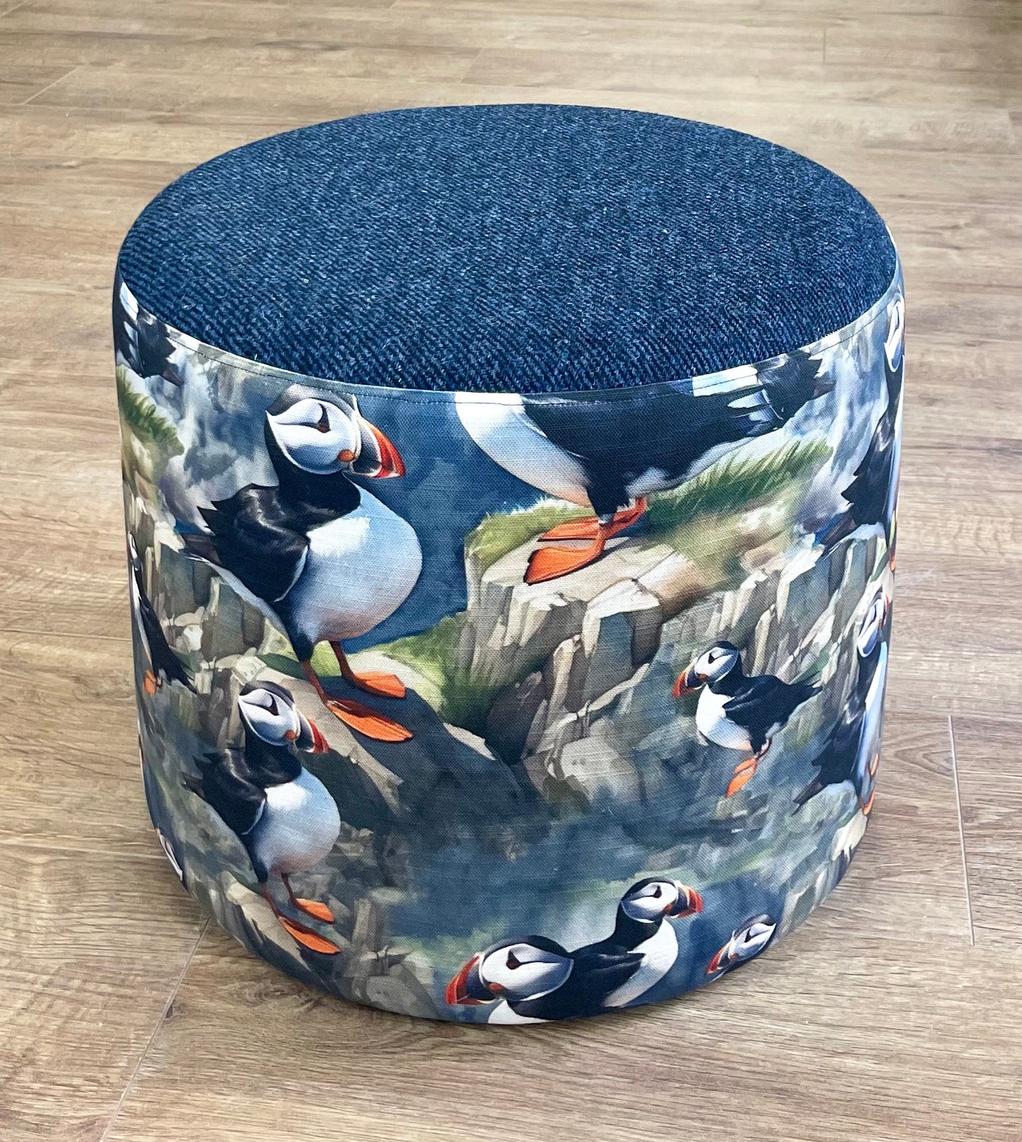 Puffin and Navy Blue Harris Tweed Floating Footstool