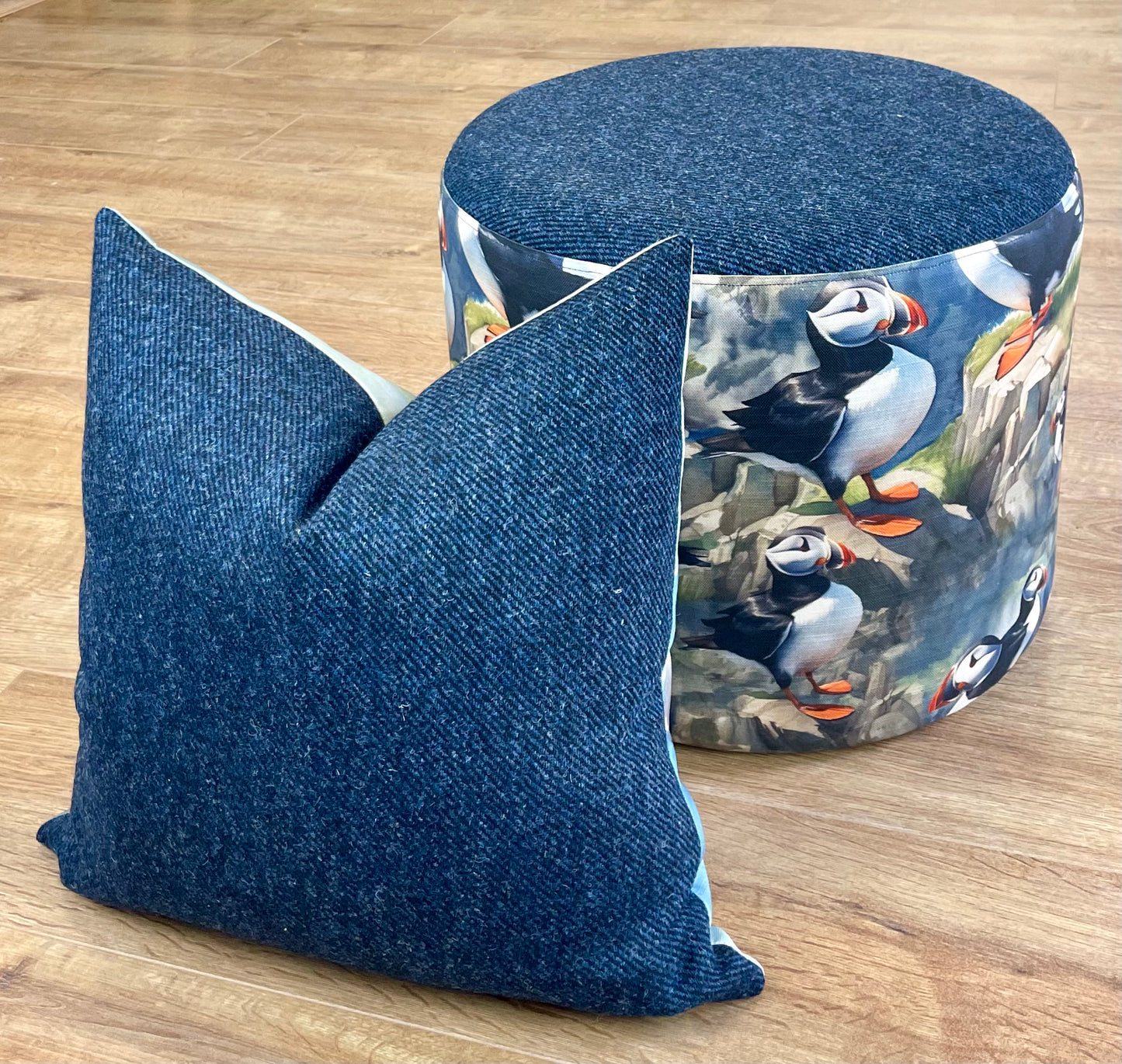 Puffin Linen and Navy Harris Tweed Cushion 18”