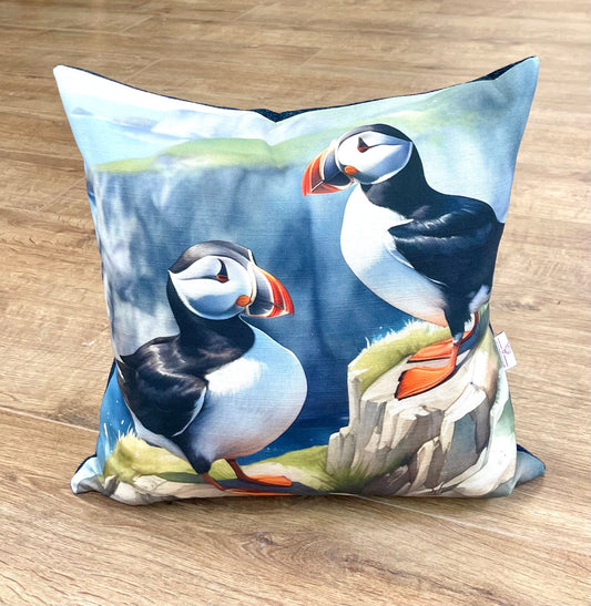 Puffin Linen and Navy Harris Tweed Cushion 18”