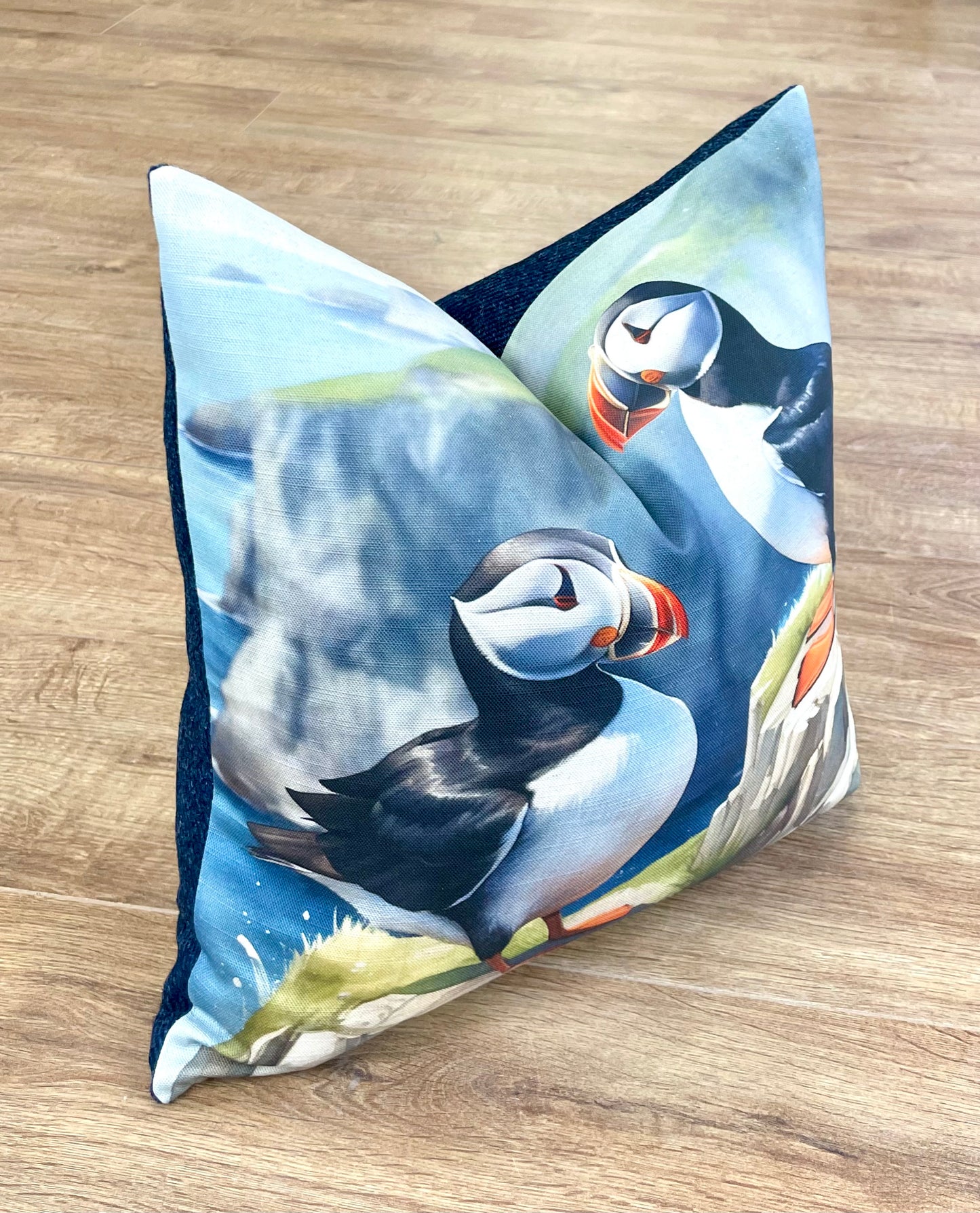 Puffin Linen and Navy Harris Tweed Cushion 18”