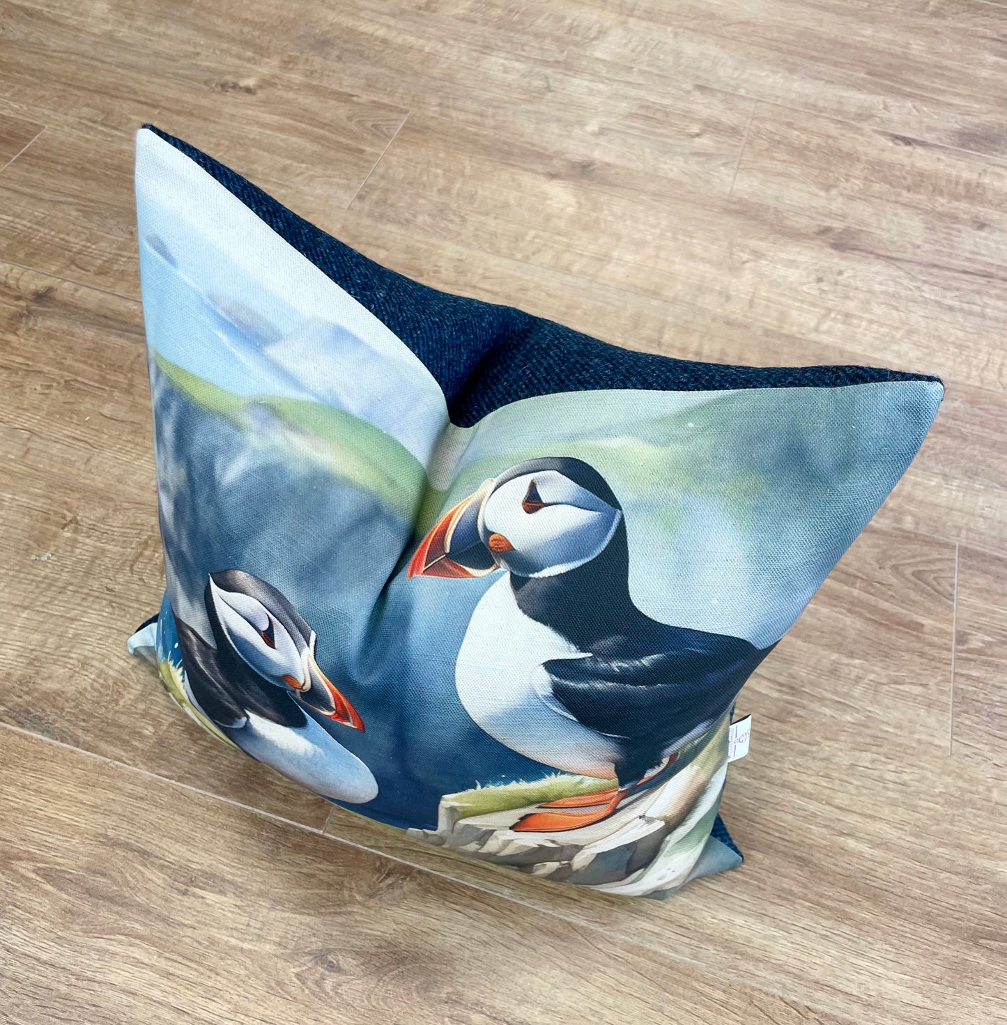 Puffin Linen and Navy Harris Tweed Cushion 18”