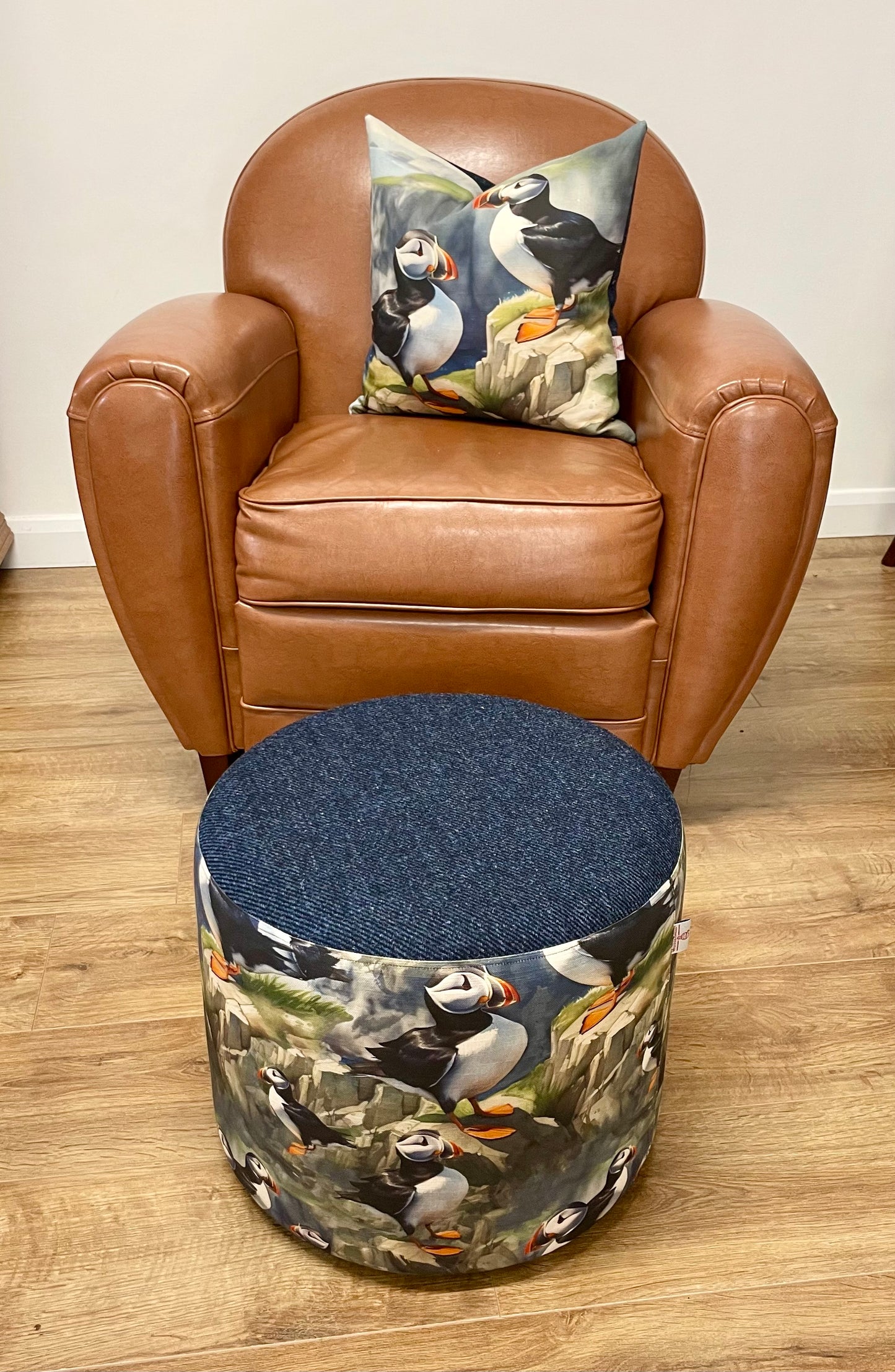 Puffin and Navy Blue Harris Tweed Floating Footstool