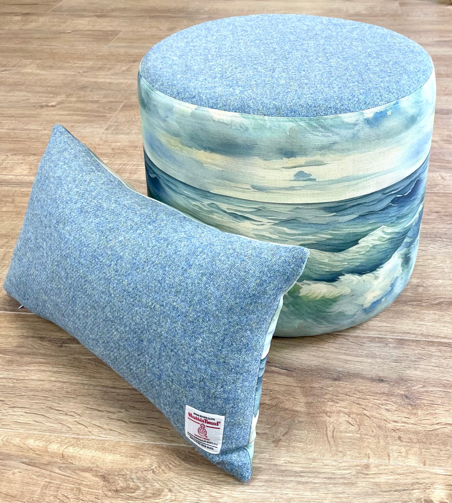 Stormy Sea Linen and Light Blue Harris Tweed Oblong Cushion