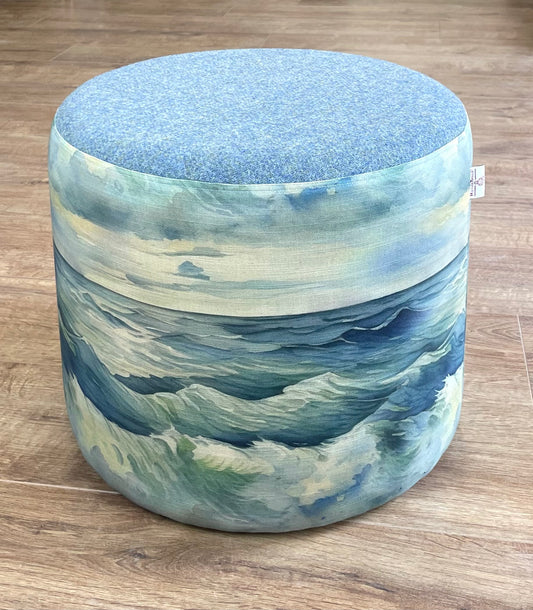 Stormy Sea Linen and Light Blue Harris Tweed Floating Footstool