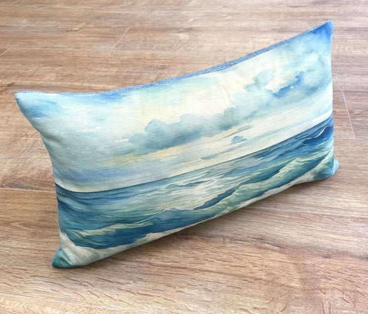 Stormy Sea Linen and Light Blue Harris Tweed Oblong Cushion