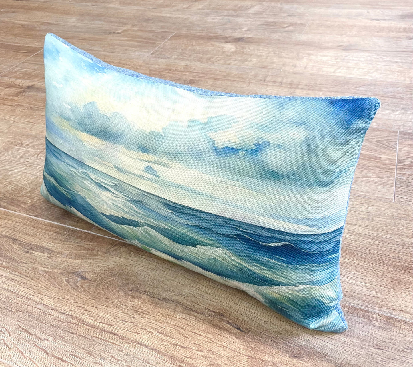 Stormy Sea Linen and Light Blue Harris Tweed Oblong Cushion