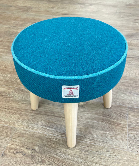 Teal Harris Tweed Footstool with Turquoise Piping Detail