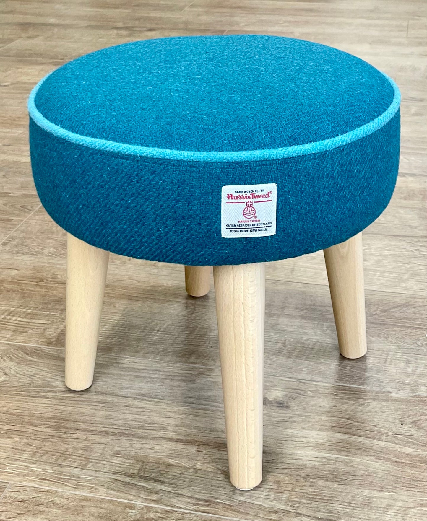 Teal Harris Tweed Footstool with Turquoise Piping Detail