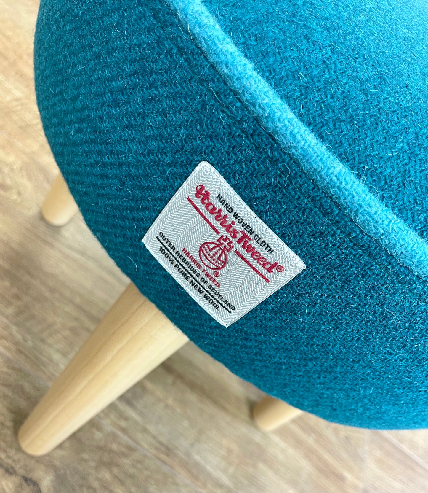 Teal Harris Tweed Footstool with Turquoise Piping Detail