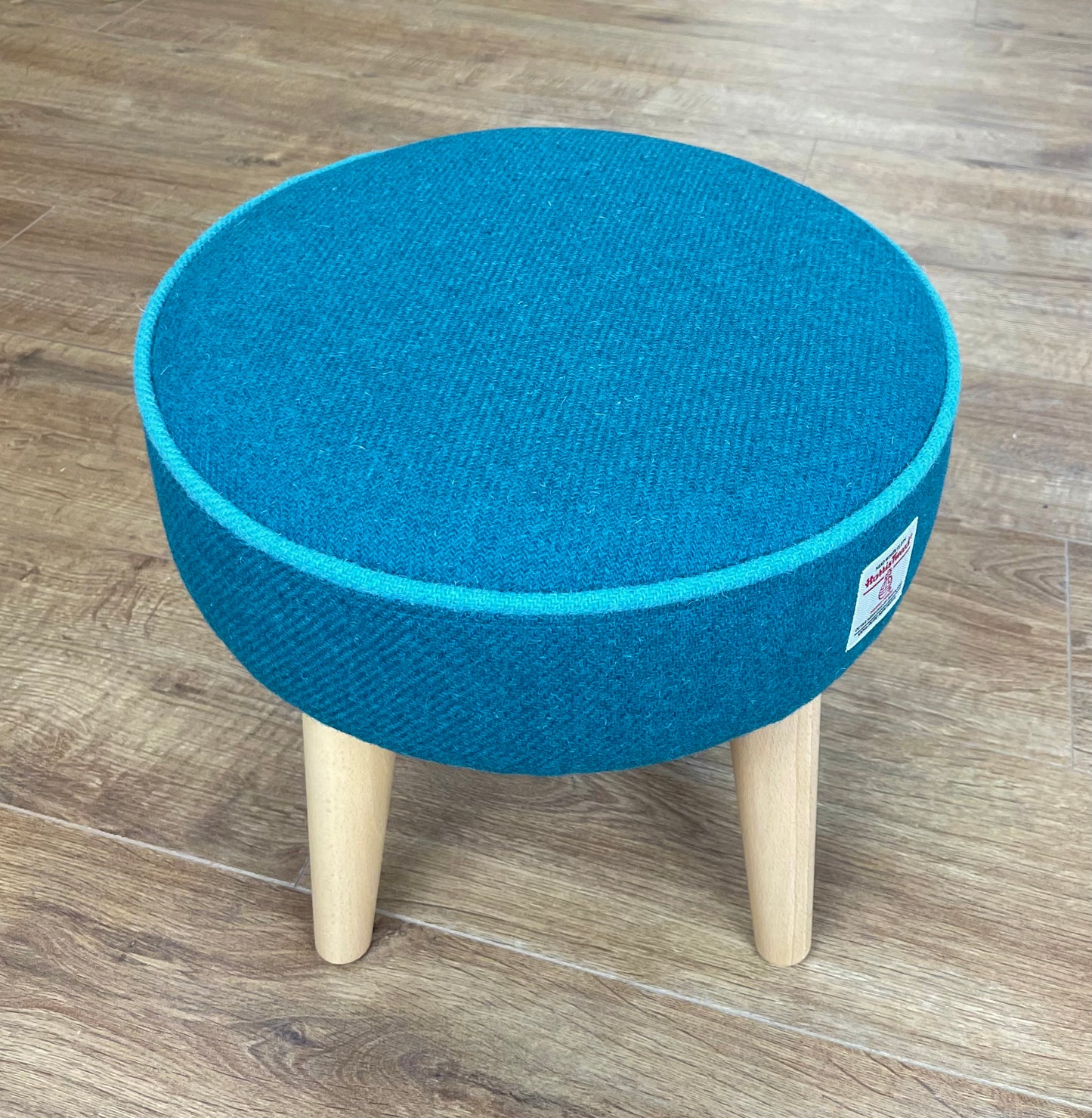 Teal Harris Tweed Footstool with Turquoise Piping Detail