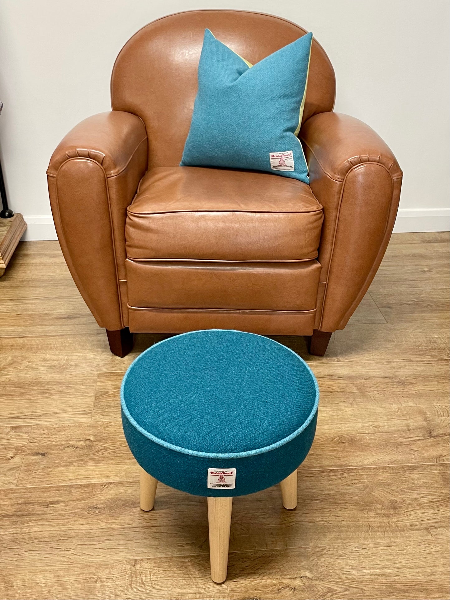 Teal Harris Tweed Footstool with Turquoise Piping Detail