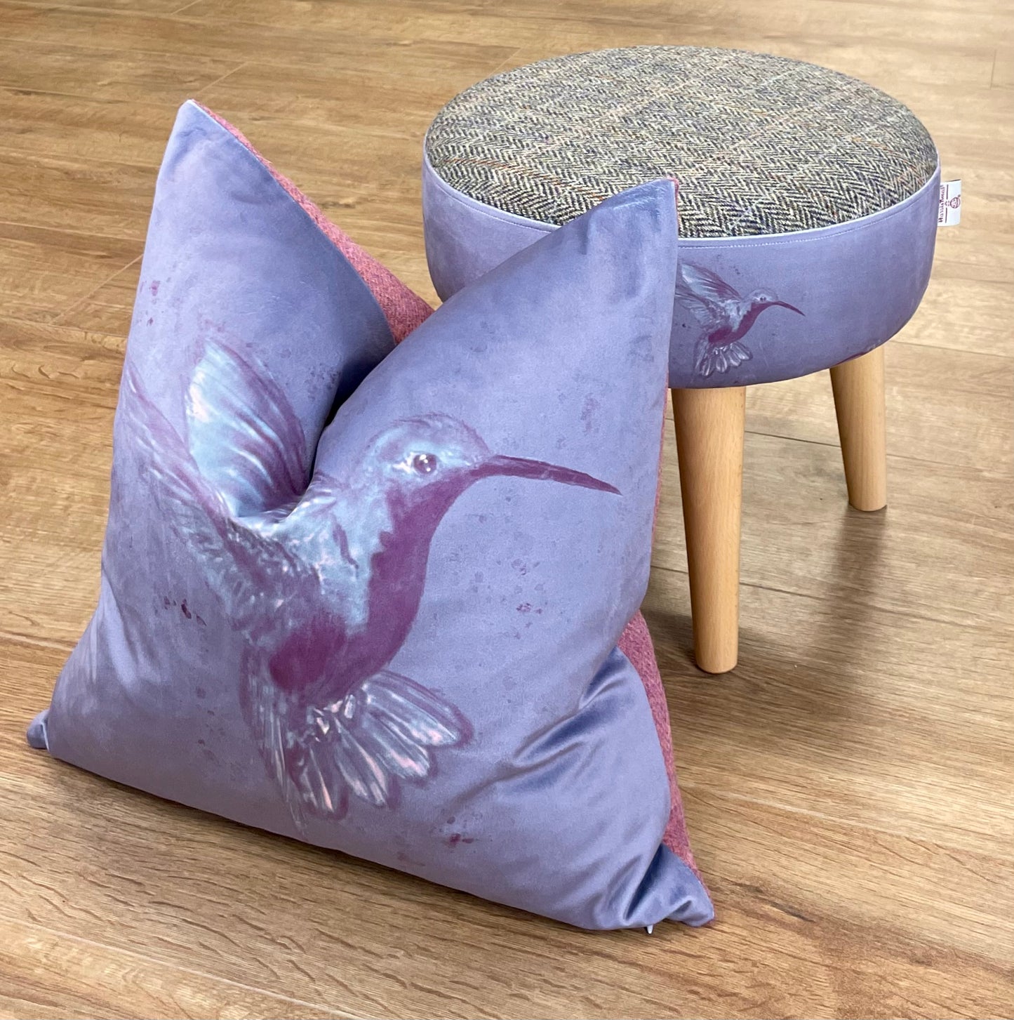 Purple Hummingbirds Velvet and Harris Tweed Small Footstool