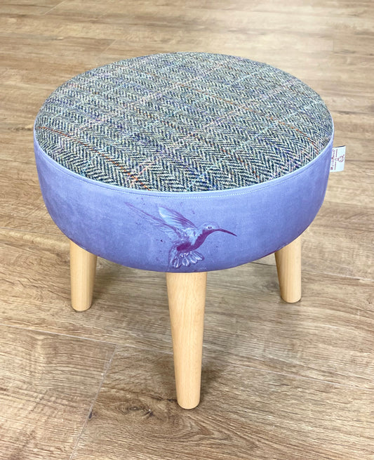 Purple Hummingbirds Velvet and Harris Tweed Small Footstool