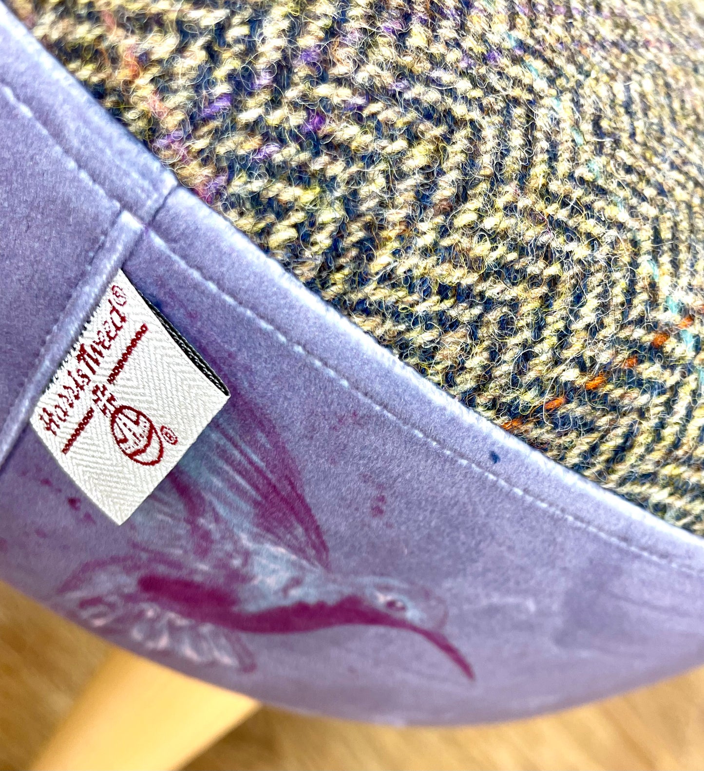 Purple Hummingbirds Velvet and Harris Tweed Small Footstool