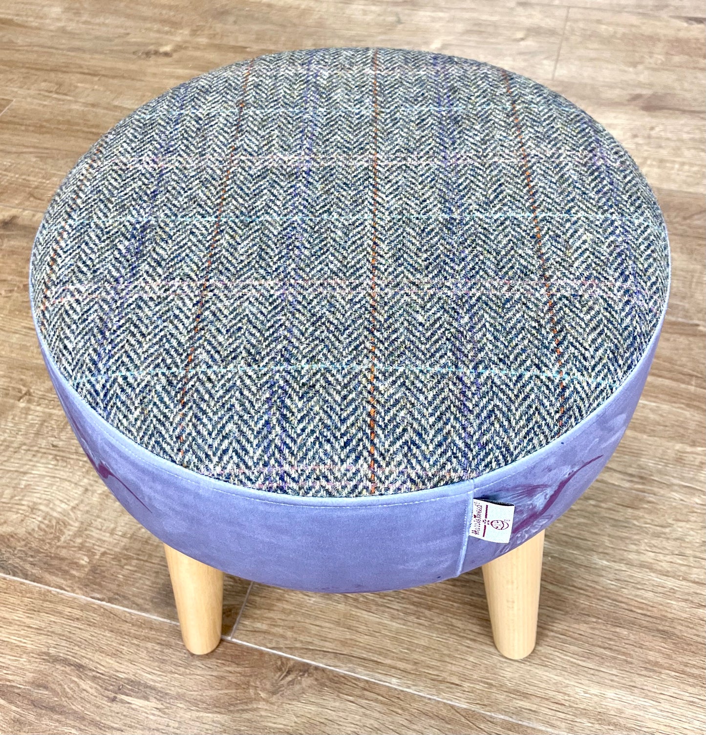 Purple Hummingbirds Velvet and Harris Tweed Small Footstool