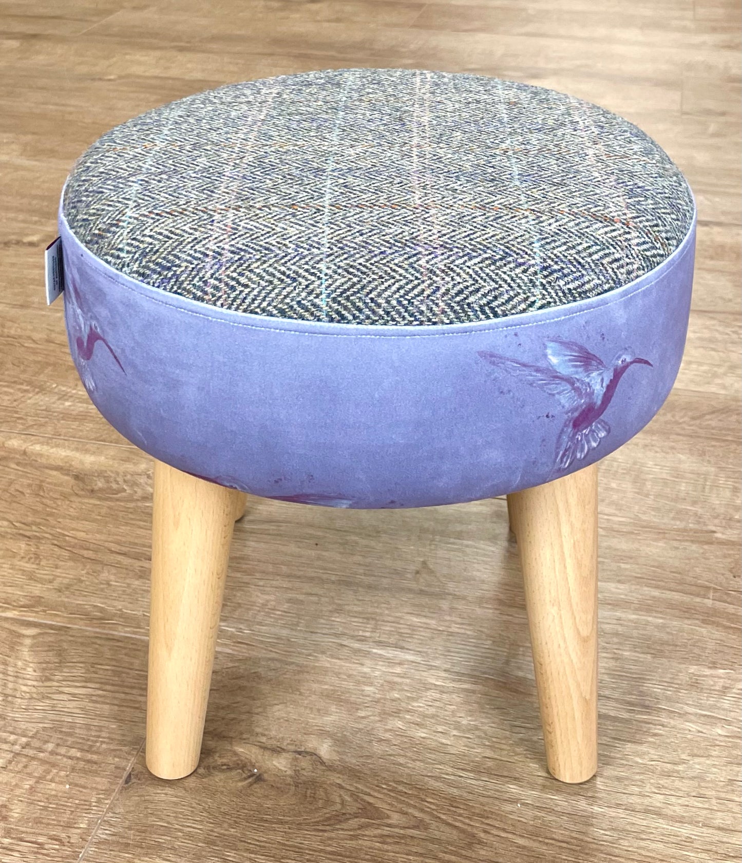 Purple Hummingbirds Velvet and Harris Tweed Small Footstool