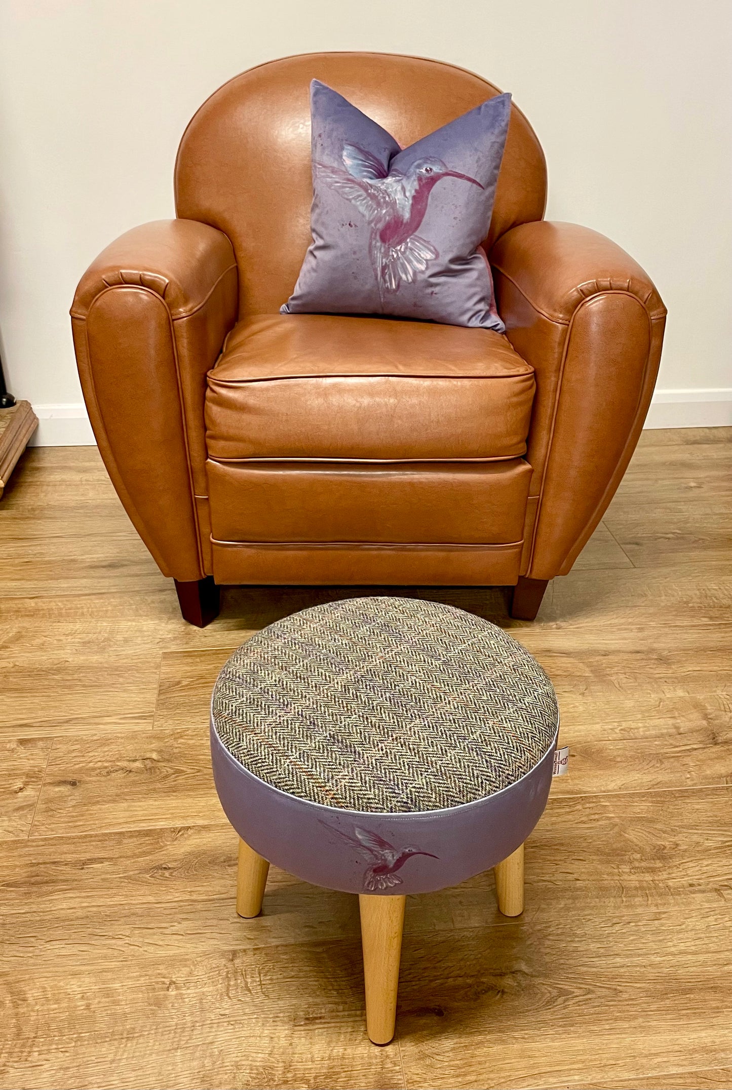 Purple Hummingbirds Velvet and Harris Tweed Small Footstool