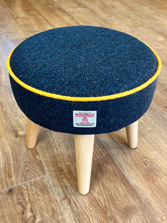 Navy Harris Tweed Footstool with Yellow Piping and Varnished Wooden Legs